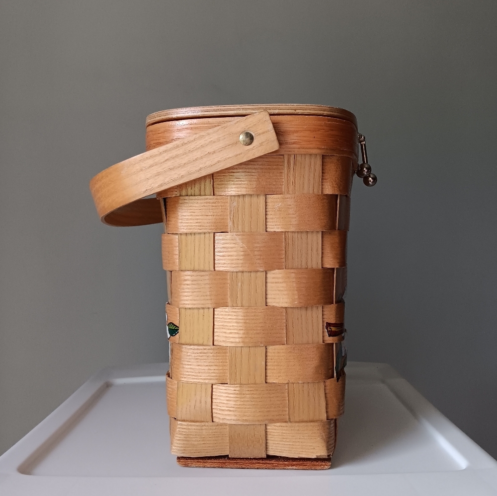 Vintage Signed Caro-Nan Floral Woven Wooden Wicker Basket Bucket Purse White Tan - Picture 7 of 16